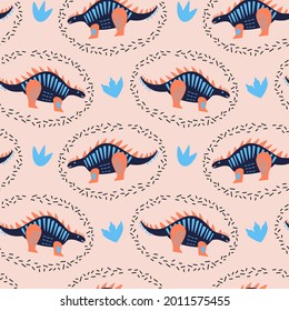 Vector illustration of seamless pattern with dinosaur..Multicolored dino in a graphic frame on a peach background. For printing on fabric and boomeg. To decorate the nursery. Hand drawn