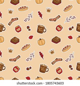 Vector illustration of a seamless pattern of doodle icons-stickers on the autumn theme. Warm colors, cartoon cozy style.