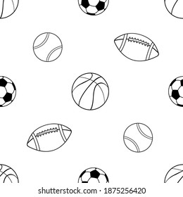 Vector illustration. Seamless pattern
Doodle sports balls
on a blue background. Design element for poster, banner, clothes.