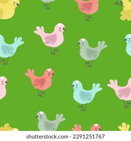 vector illustration seamless pattern doodle colored spring birds on green background