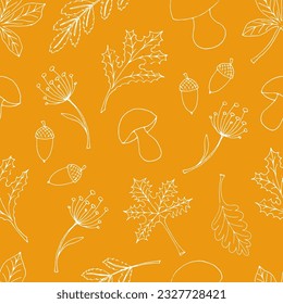 vector illustration of a seamless pattern doodle white contour autumn leaves, mushrooms and acorns on a yellow- orange background