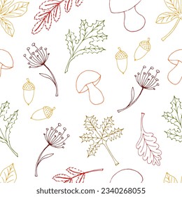 vector illustration of a seamless pattern doodle contour autumn leaves, mushrooms and acorns on a white background