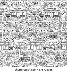 Vector illustration of seamless pattern with doodle hand drawn supermarket elements 