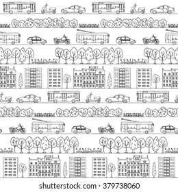 Vector illustration of seamless pattern with doodle urban transportation 