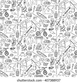 Vector illustration of seamless pattern with doodle tourism and camping elements