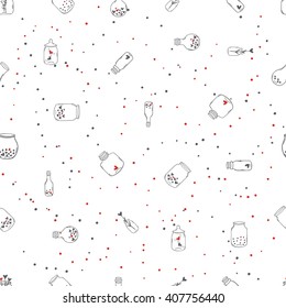 Vector illustration of seamless pattern. Doodle mason jars with hearts. Love seamless background for invitation or card. Hand drawn. Isolated on white background.