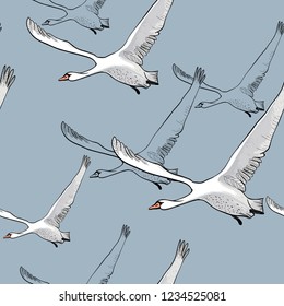Vector illustration of Seamless pattern of drawing Flying flock Swans. Hand drawn, doodle graphic design with birds. Wrapping paper, wallpaper, backdrop.
