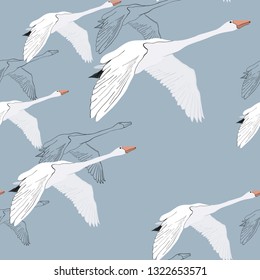 Vector illustration of Seamless pattern of drawing Flying Swans. Hand drawn, doodle graphic design with birds. Wrapping paper, wallpaper, backdrop.