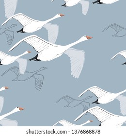 Vector illustration of Seamless pattern of drawing Flying Swans. Hand drawn, doodle graphic design with birds. Wrapping paper, wallpaper, backdrop.