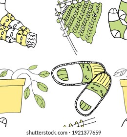 vector illustration seamless pattern drawing knitted knee-highs,knitting with needles,slippers and a pot of flowers