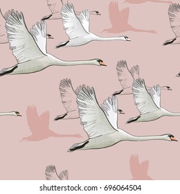 Vector illustration of Seamless pattern of drawing Flying Swans. Hand drawn, doodle graphic design with birds. Wrapping paper, wallpaper, backdrop.