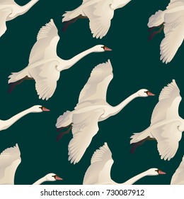 Vector illustration of Seamless pattern of drawing Flying Swans. Hand drawn, doodle graphic design with birds. Wrapping paper, wallpaper, backdrop.
