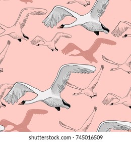 Vector illustration of Seamless pattern of drawing white Flying Swans. Hand drawn, doodle graphic design with birds fly up. Wrapping paper, wallpaper, backdrop.