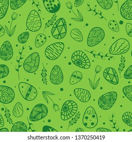 Vector illustration. Seamless pattern. Easter eggs. Leaves and willow branch. Easter. Card green background. Tulip