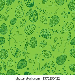 Vector illustration. Seamless pattern. Easter eggs. Leaves and willow branch. Easter bunny. Card green background