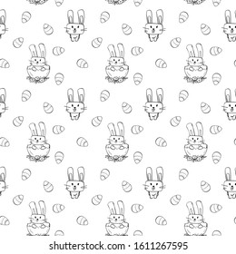 Vector illustration. Seamless pattern with Easter bunny sitting in the eggshell, Easter eggs, hearts. Cute animal drawn by a line with flowers and berries. Vector animals