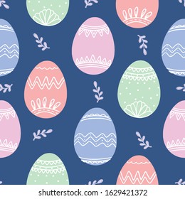 Vector illustration of a seamless pattern of easter eggs in pastel colors on a blue background, a great element of your design.