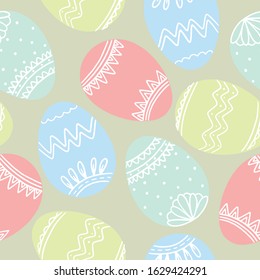 Vector illustration of a seamless pattern Easter eggs in pastel colors on a green background, a great element of your design.