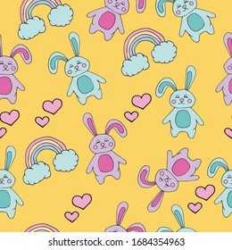 Vector illustration. Seamless pattern. Easter bunnies on a colored background