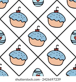 Vector illustration of a seamless pattern Easter cupcake, egg design