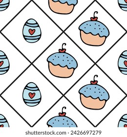 Vector illustration of a seamless pattern Easter cupcake, egg, and heart design