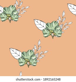 VECTOR ILLUSTRATION SEAMLESS PATTERN ELEGANT COLORFUL FLOWERS WITH GRAPHIC WHITE LEAVES ON WARM BACKGROUND