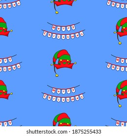 Vector illustration. Seamless pattern
elf hat
on a blue background. Design element for poster, banner, clothes.