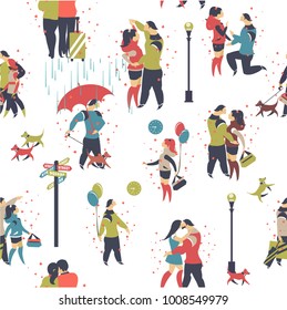 Vector illustration of a seamless pattern enamored couple on a date, love and happiness on a black background