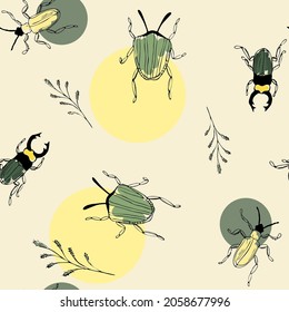 ilustración vectorial ininterrumpida entomológica,insectos esboza escarabajos dibujados a mano en estilo vintage,conjunto de escarabajos de color,para papel pintado o tela