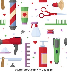 Vector illustration of seamless pattern with equipment for barbershop in flat style.