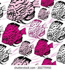 Vector illustration seamless pattern with exotic pink and violet coral fishes