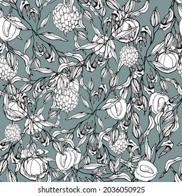 vector illustration seamless pattern exotic fruits on gray-blue background,for wallpaper,fabric or furniture