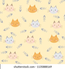 Vector illustration. Seamless Pattern of face of Cats and fish bone on yellow pastel color Background. Wallpaper and fabric design and decor.