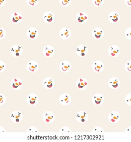 Vector illustration: seamless pattern with faces of snowman with different emotions with confetti isolated on creamy background. Design for Christmas scrapbooking, wallpaper, fabics, wrrapping paper