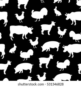 Vector illustration seamless pattern farm animals silhouette isolated on a black background. Cow, chicken, goat, rabbit and turkey.