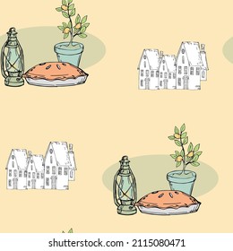 vector illustration seamless pattern farmhouse comfort,lamp,pie and flower,farmhouse silhouette,for wallpaper,fabric or furniture