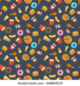 Vector illustration. Seamless pattern for a fast food restaurant on a black background. Burger, chicken, hot dog, French fries, ice cream, drinks, pizza. Design for packaging, poster, banner.