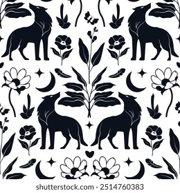 Ilustração vetorial de um padrão sem costura com lobos, luas e flores em preto sobre um fundo branco. Ideal para têxteis e papéis de parede.