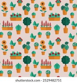 Ilustração vetorial de um padrão sem costura com plantas de jardim em vasos amarelos. Inclui flores vibrantes e folhagem decorativa, criando um tema de jardim animado.