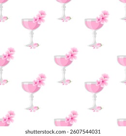 Vector illustration of a seamless pattern featuring summer or spring pink cocktail glasses decorated with cherry blossoms, sakura. Elegant design suitable for wallpapers, backgrounds, and textiles