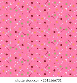 A vector illustration of a seamless pattern featuring various cocktail glasses, cherries, lime slices, and straws on a pink background. The vibrant design exudes a playful, summery, and festive mood.