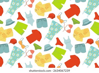 Vector illustration of a seamless pattern featuring various summer clothing items like shirts, shorts, swimsuits, and hats in bright colors, ideal for seasonal design projects.