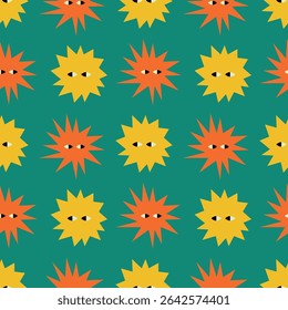 Vector illustration of a seamless pattern featuring vibrant yellow and orange stylized sun shapes with eyes on a teal background. Perfect for textiles, wallpapers, and digital designs.