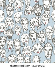 Vector illustration Seamless pattern of female and male doodle hand drawn portraits. Blue, gray, white
