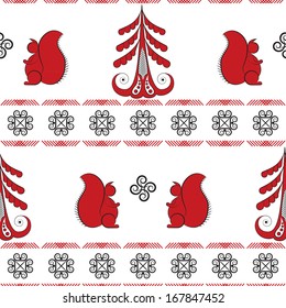 vector illustration seamless pattern of a fir tree and rabbit in the style of Russian folk art with symbols of good luck wishes in red and black color