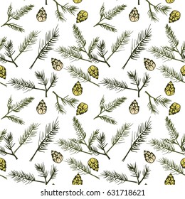 Vector illustration of a seamless pattern with fir tree branches and pine cones. Light and sweet chaotic print, great for Christmas decorations.