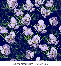 Vector illustration of seamless pattern First Snowdrops Galanthus Flowers. Spring background, wallpaper and printable wrapingpaper.