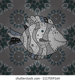 Vector illustration. Seamless pattern with fish. Fishes on gray, blue and neutral. Decorative ornament. Color image of repeating and alternating constituent elements. Abstract Vector illustration.