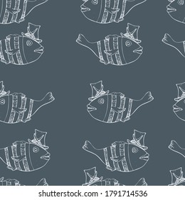 vector illustration seamless pattern fish pirate in a hat light outline on a dark blue background