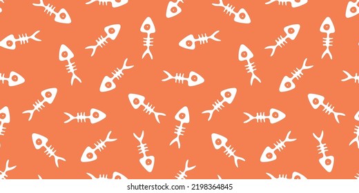 Vector illustration. Seamless pattern with fish skeletons isolated on orange. Hand drawn simple doodle clipart. Halloween theme. For banner, cards, gift wrapping, autumn projects, fabric, textile.